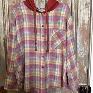 Hoodie Womens Pink Yellow Plaid Button Up Cotton Flannel Shirt Long Sleeve XL